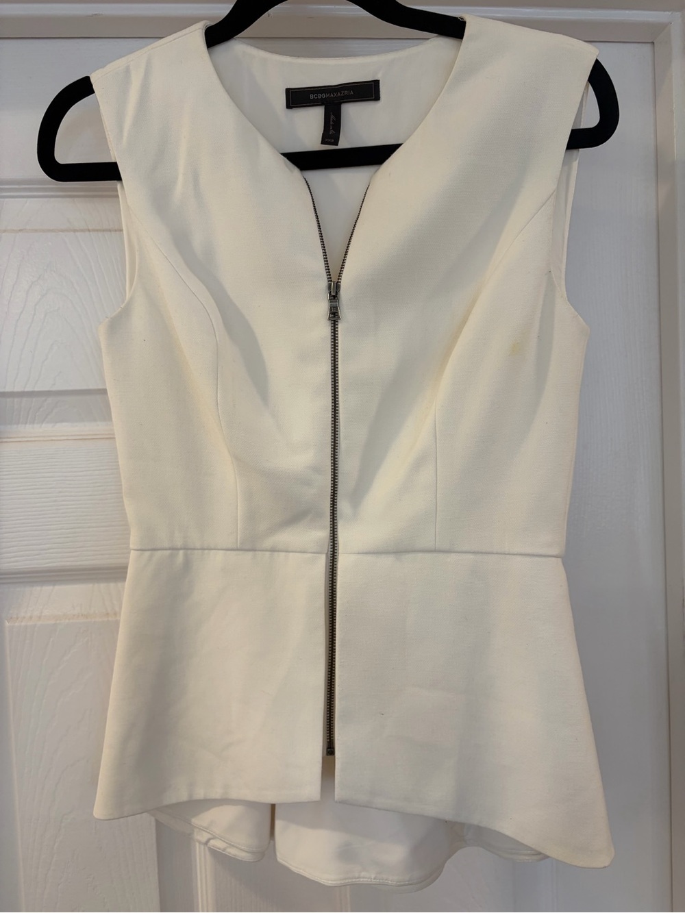 BCBGMaxAzria White Zip-Front Peplum Top